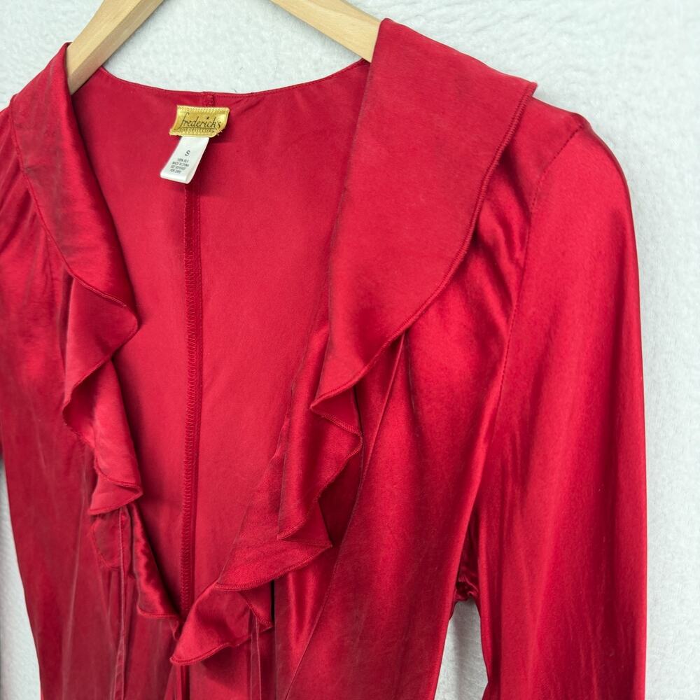 FREDERICKS Pajama Top S Silk Collection Satin Ruffle Plunge V-Neck Valentine Red